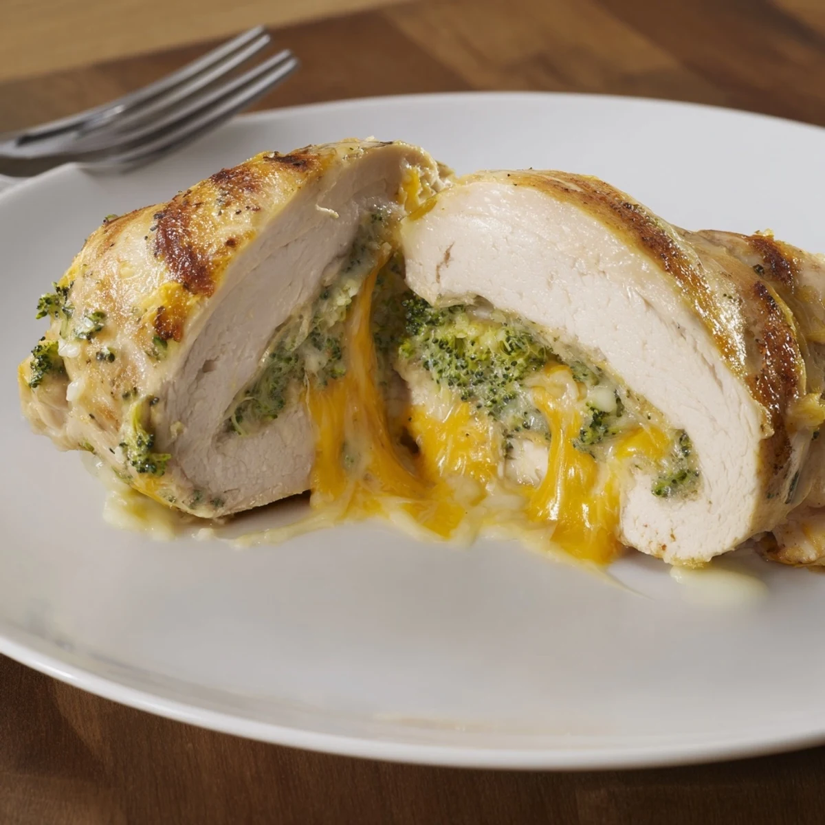 Family-style Broccoli Cheese Stuffed Chicken Breast served with crisp green salad