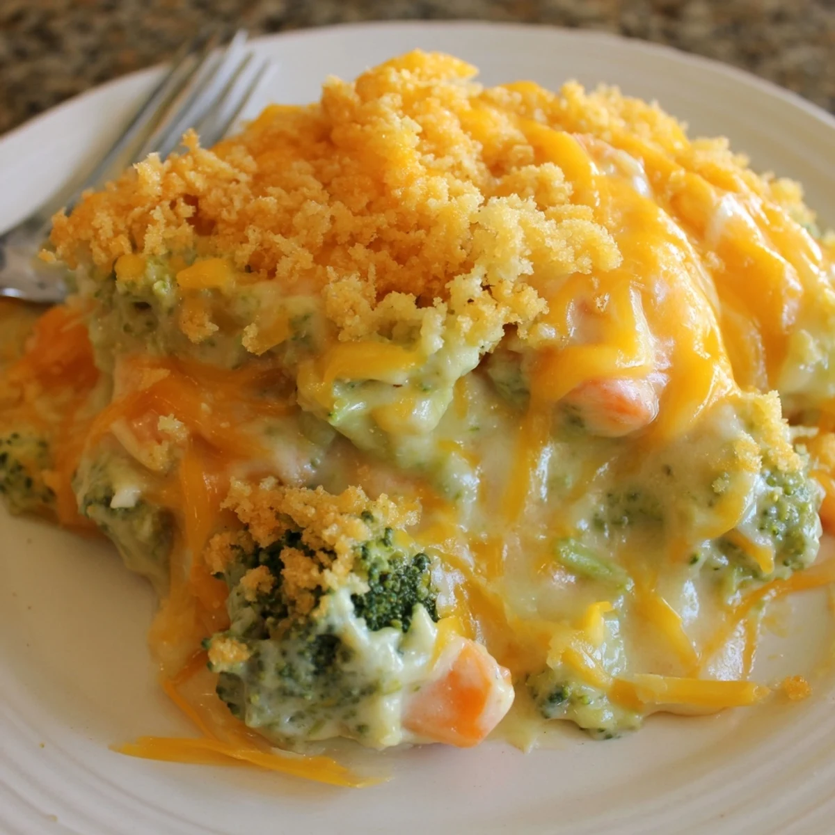 Golden Cheese Bake Broccoli Carrots bubbling in a casserole, creamy, breadcrumb-topped.