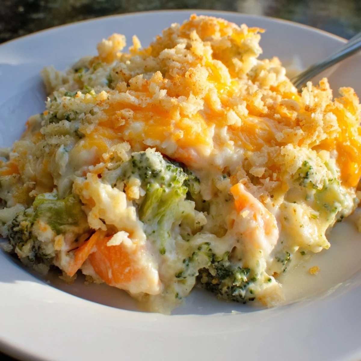 Warm Cheese Bake Broccoli Carrots served steaming beside roasted chicken or crusty bread.