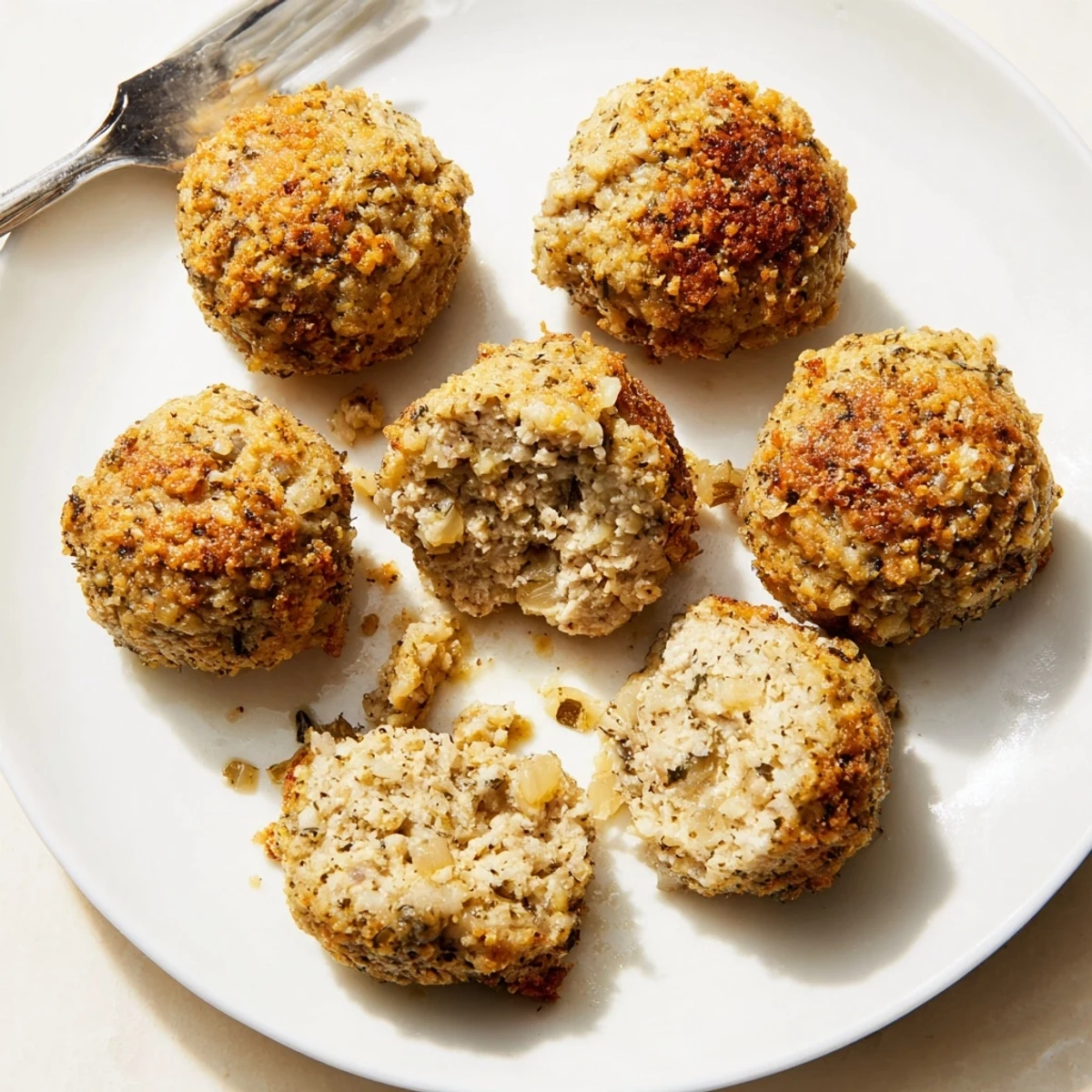 Fork cutting into juicy Sage Onion Chicken Balls, fragrant sage and thyme