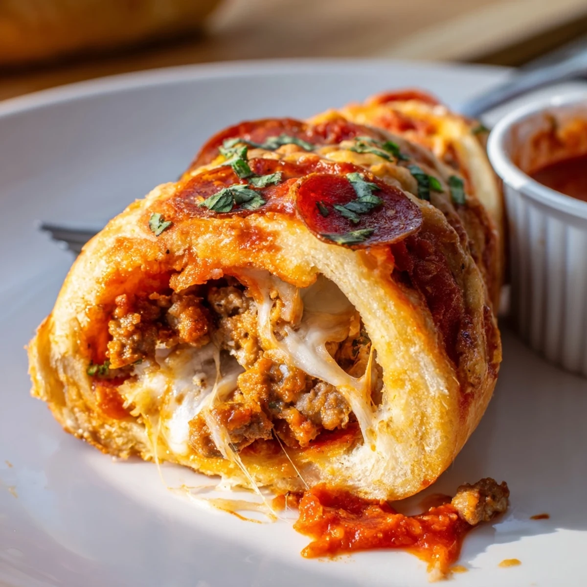 Golden brown Cheesy Beef Pepperoni Pizza Roll Ups steaming with gooey cheese, basil.