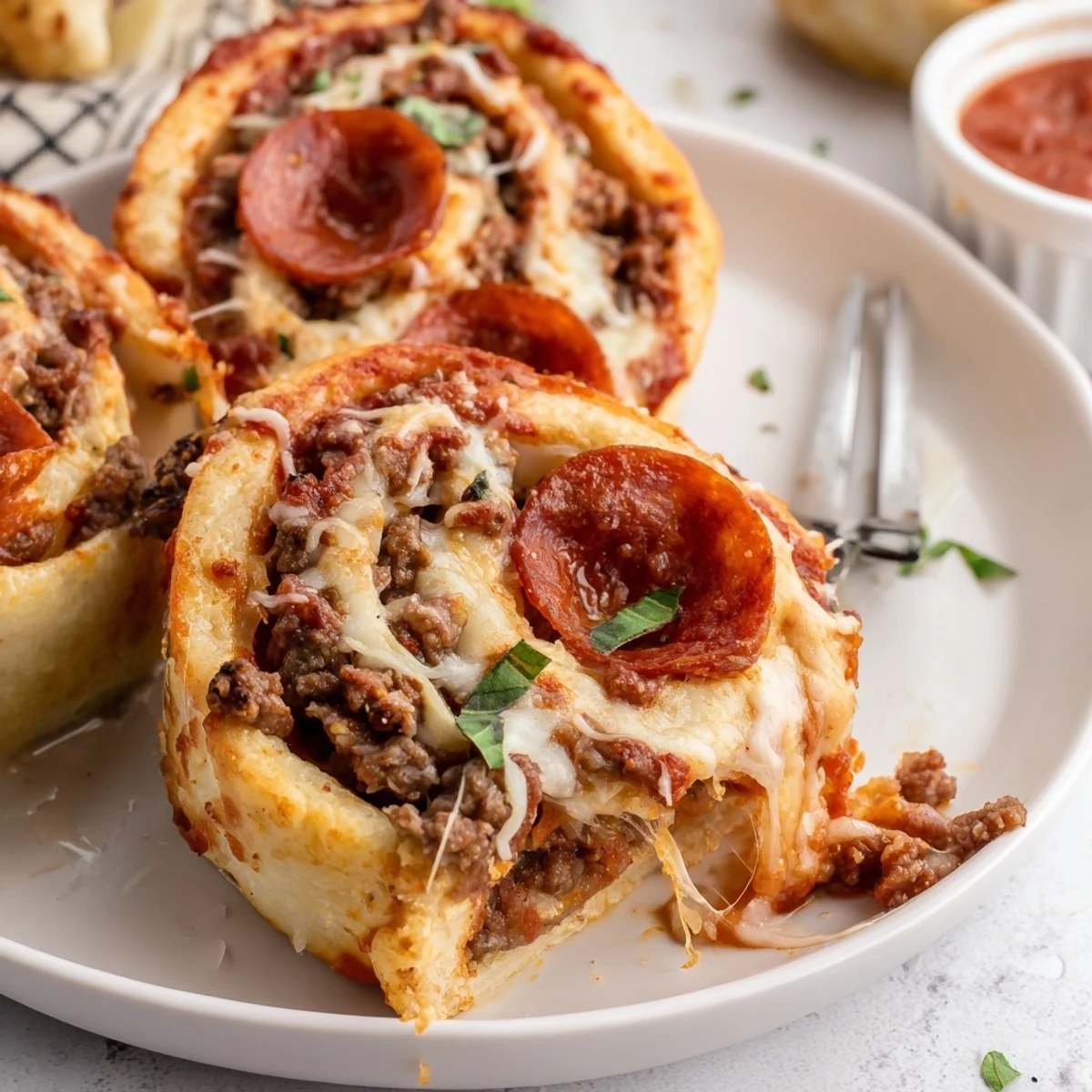 Tray of Cheesy Beef Pepperoni Pizza Roll Ups, crisp edges and marinara for dipping.