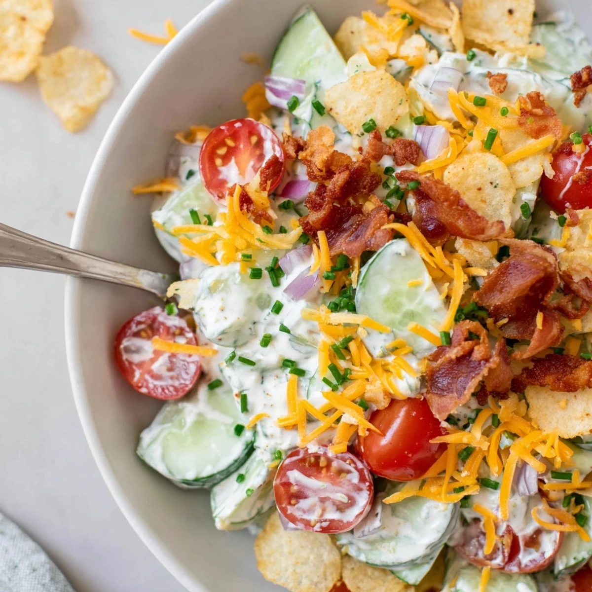 Heaping Cucumber Ranch Crack Salad with smoky bacon, crunchy kettle-chip topping