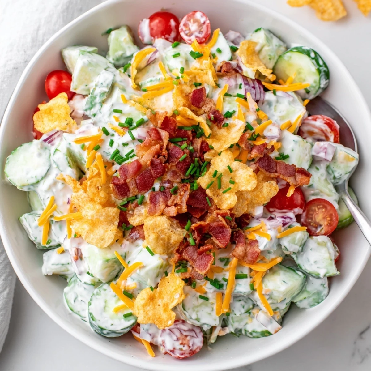 Bright Cucumber Ranch Crack Salad tossed in creamy ranch and sharp cheddar