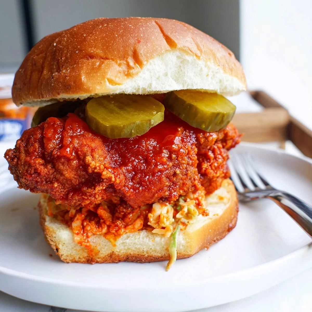 Spicy Nashville Hot Chicken Sandwiches Recipe featuring crispy golden chicken, tangy pickles