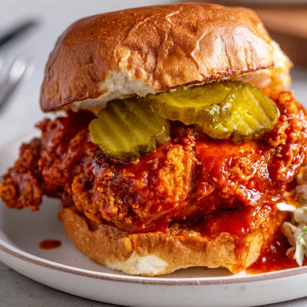 Weeknight Spicy Nashville Hot Chicken Sandwiches Recipe brushed with fiery oil, crunchy slaw
