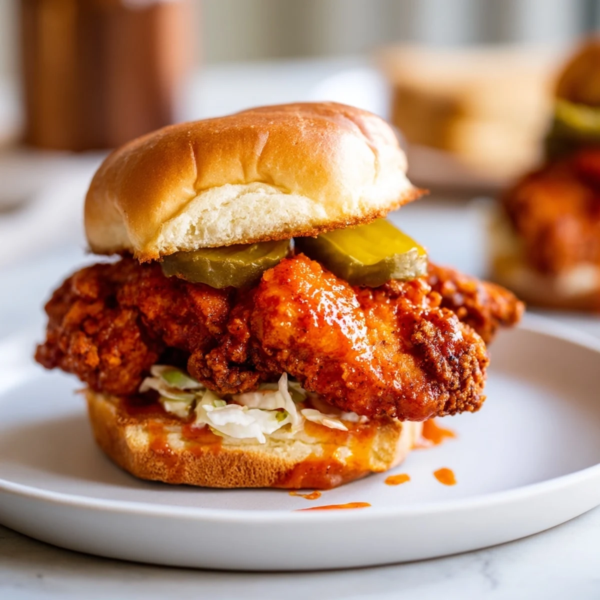 Warm Spicy Nashville Hot Chicken Sandwiches Recipe served on toasted brioche with creamy slaw