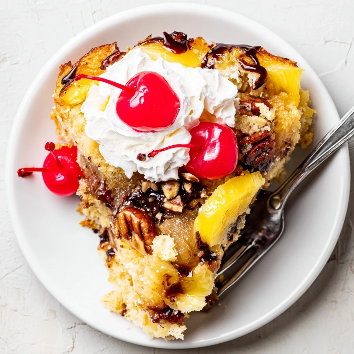 Warm Banana Split Dump Cake with bubbling edges, chocolate chips, whipped cream