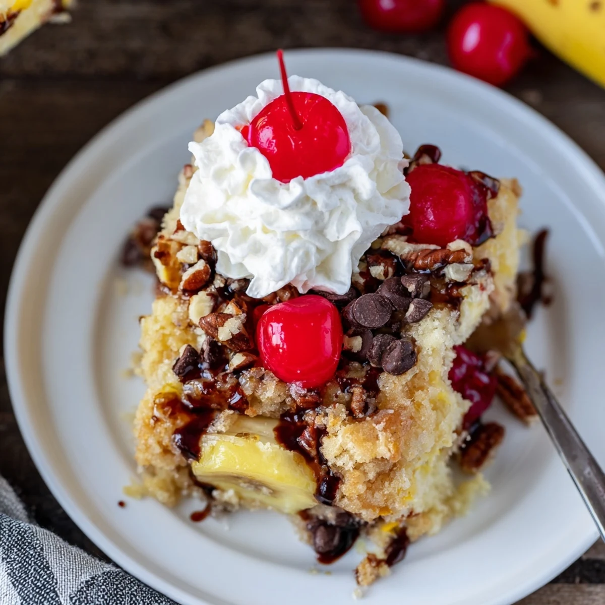 Freshly baked Banana Split Dump Cake cooling in baking dish, golden, overflowing cherries