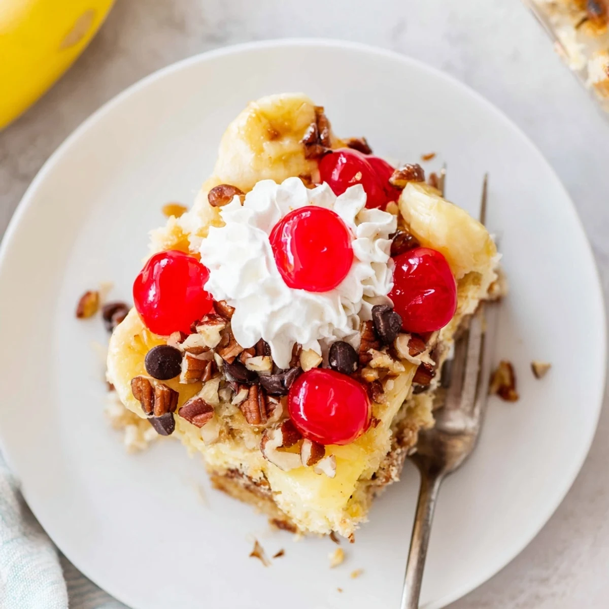 Hearty Banana Split Dump Cake, sliced bananas, oozing pineapple, cherry-topped scoop of vanilla