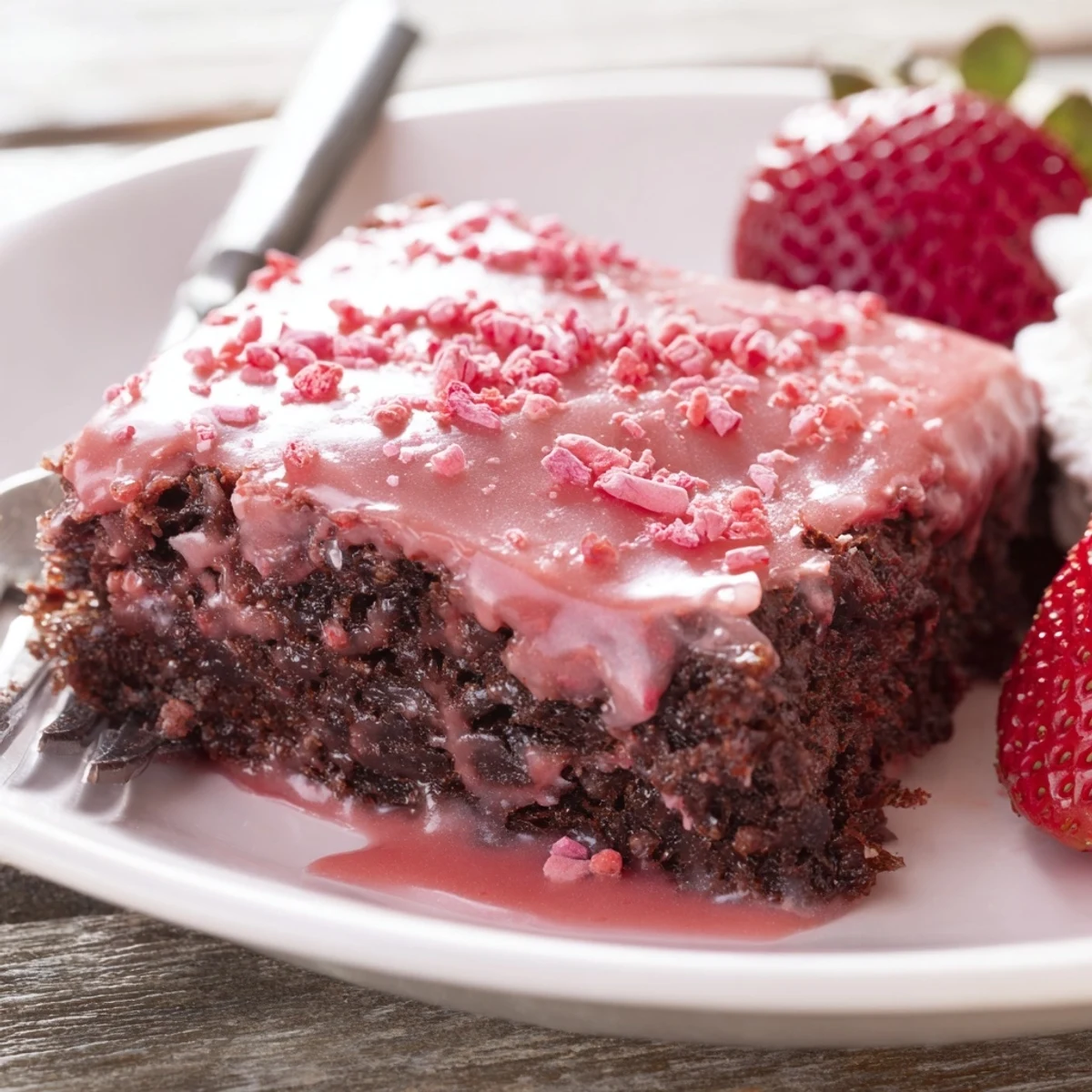 Warm Strawberry Brownies Recipe square resting on a plate, glossy strawberry glaze