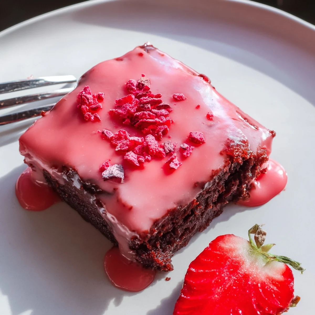 Individual Strawberry Brownies Recipe served with whipped cream and fresh strawberries