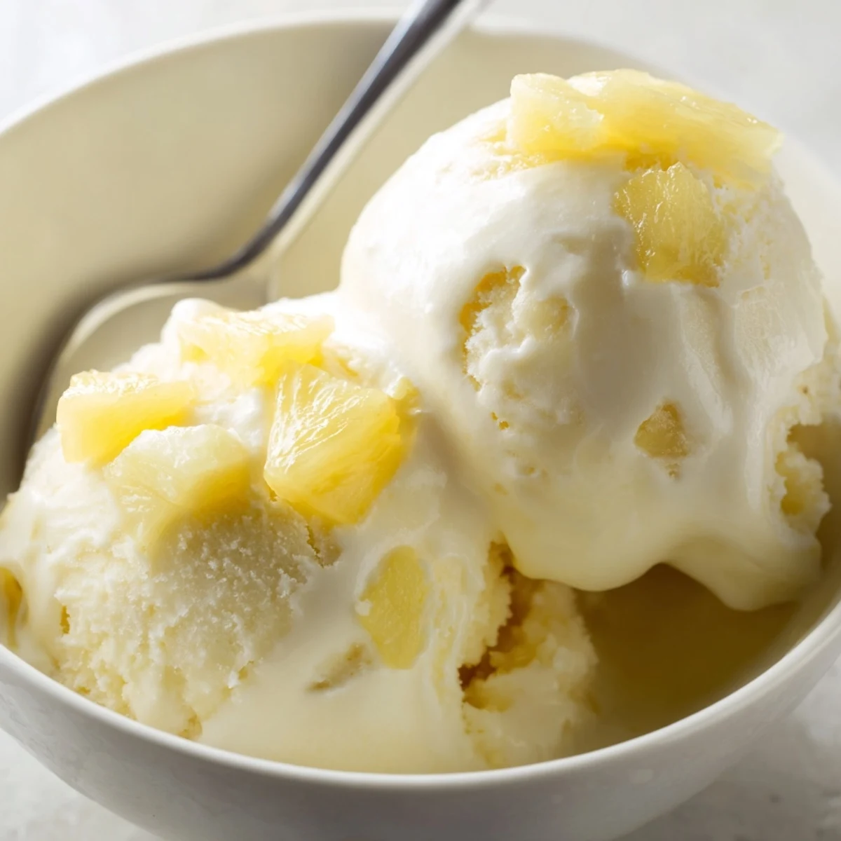 Spoonful of Creamy Pineapple Ice Cream, smooth texture, summer-ready tropical indulgence