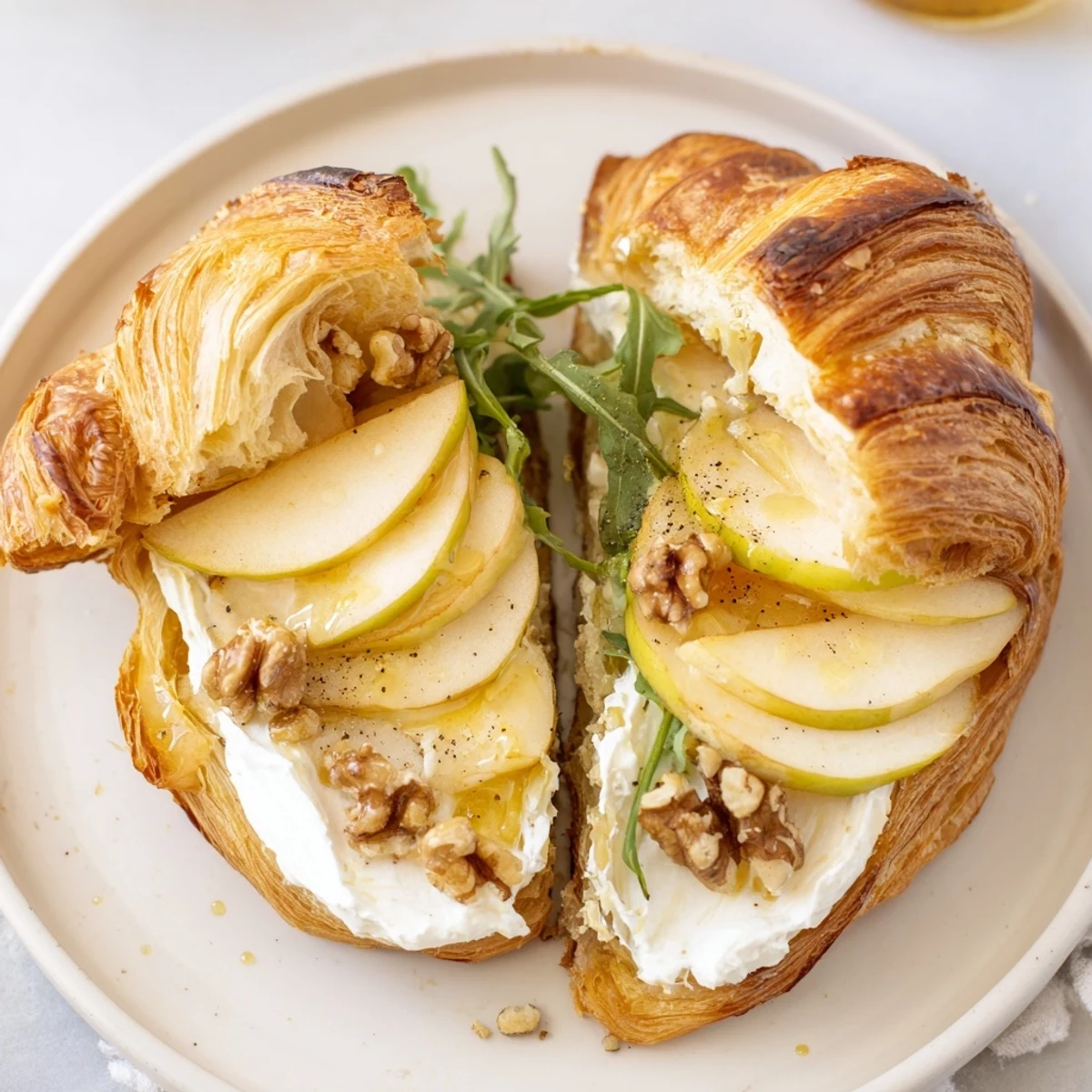 Open-faced Apple Goat Cheese Croissant Sandwich Recipe served with arugula, honey drizzle