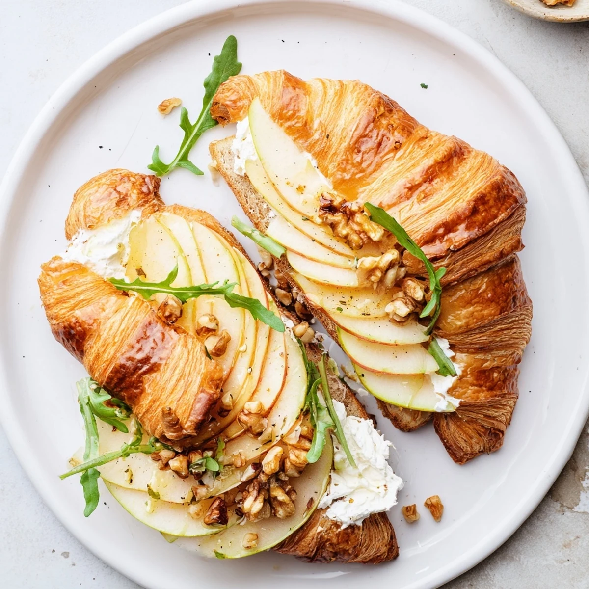 Picnic-ready Apple Goat Cheese Croissant Sandwich stacked with walnuts, peppery arugula