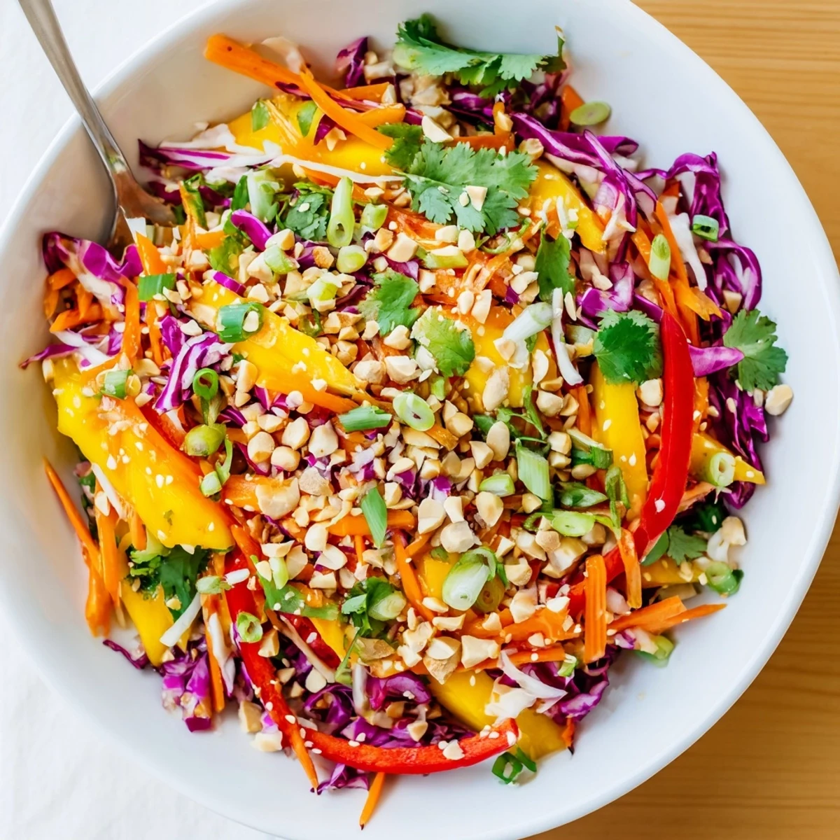 Vibrant refreshing mango slaw bowl with crisp cabbage, carrots, and sesame seed topping