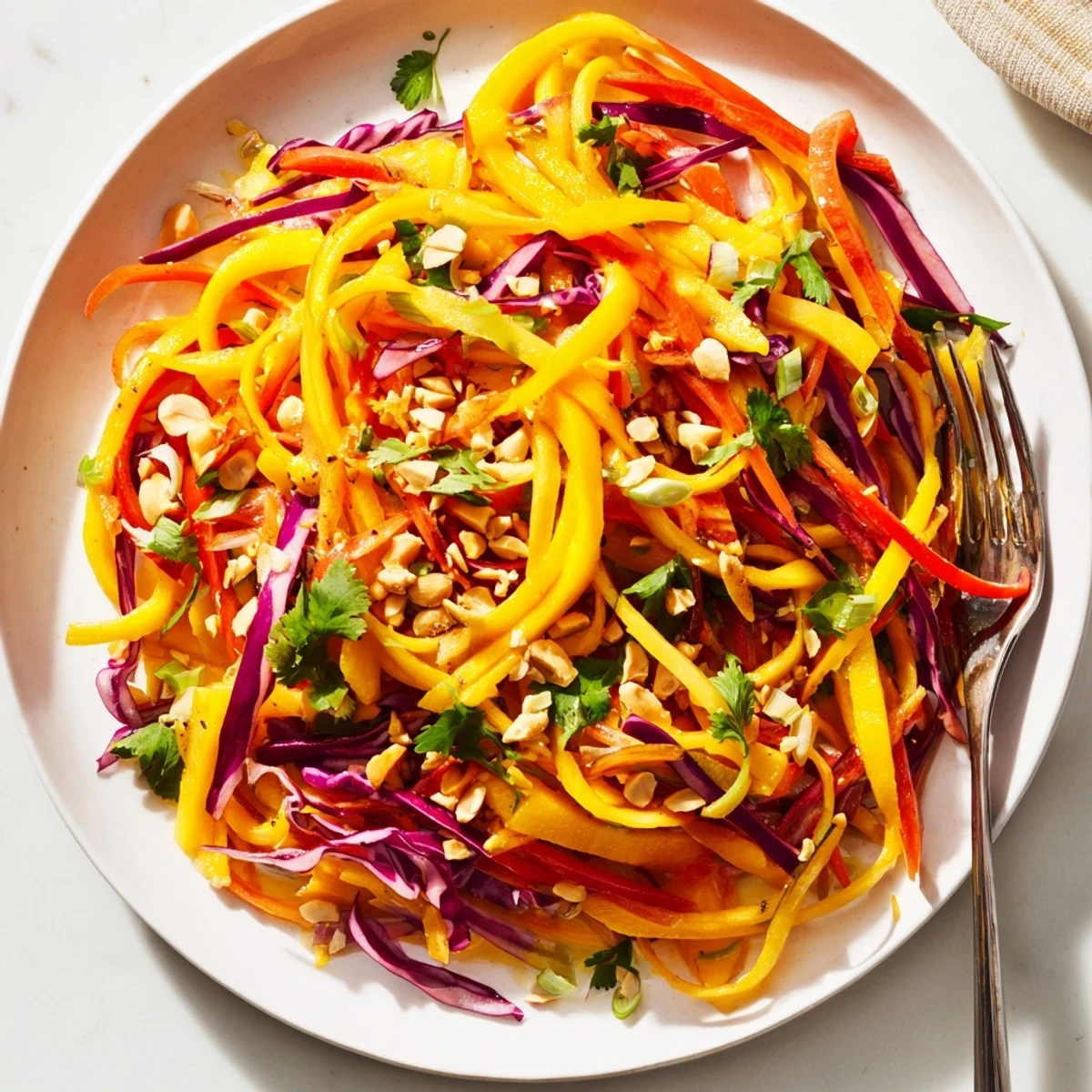 Tangy lime-dressed refreshing mango slaw featuring colorful julienned vegetables and fresh cilantro