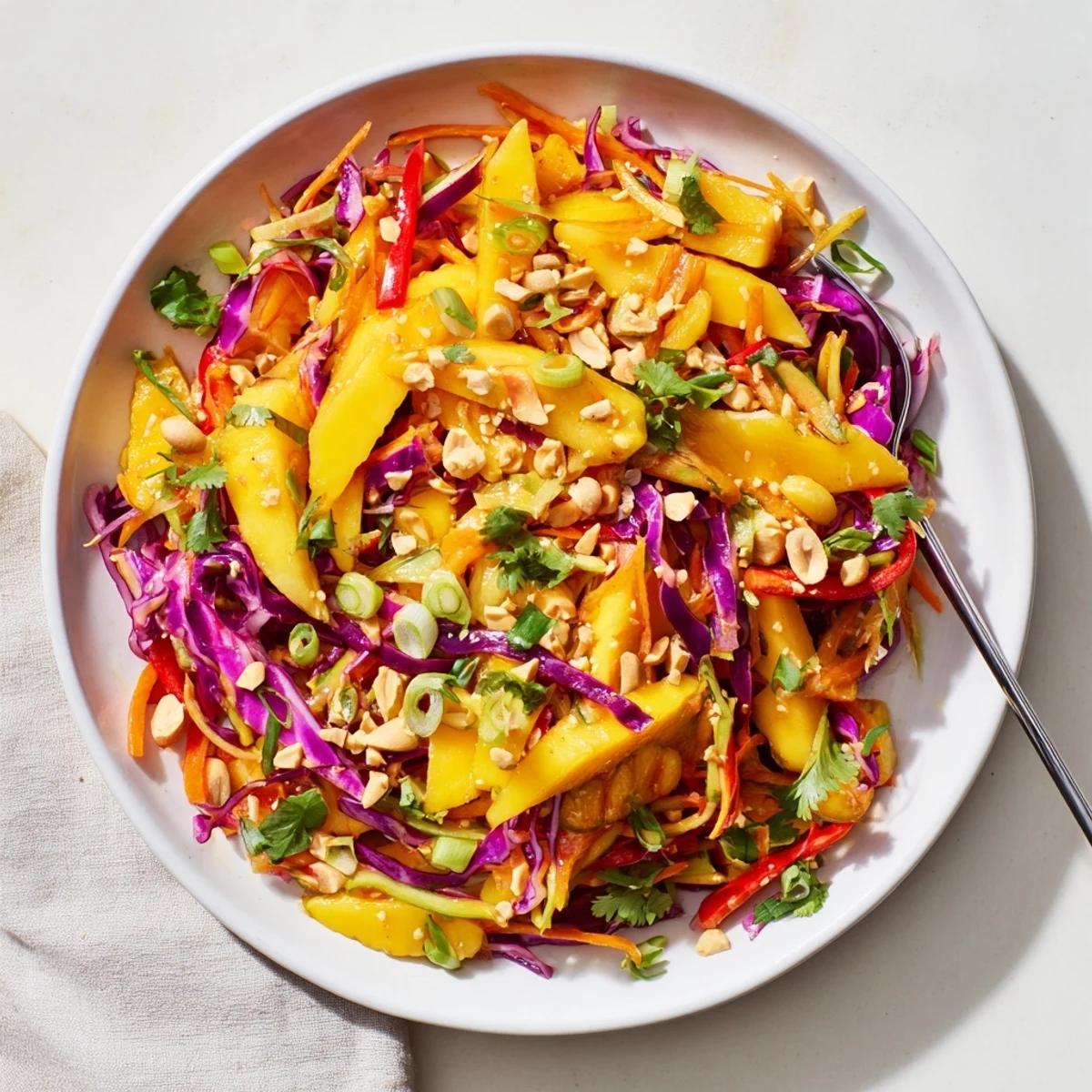 Summer refreshing mango slaw plated with roasted peanuts and zesty citrus dressing