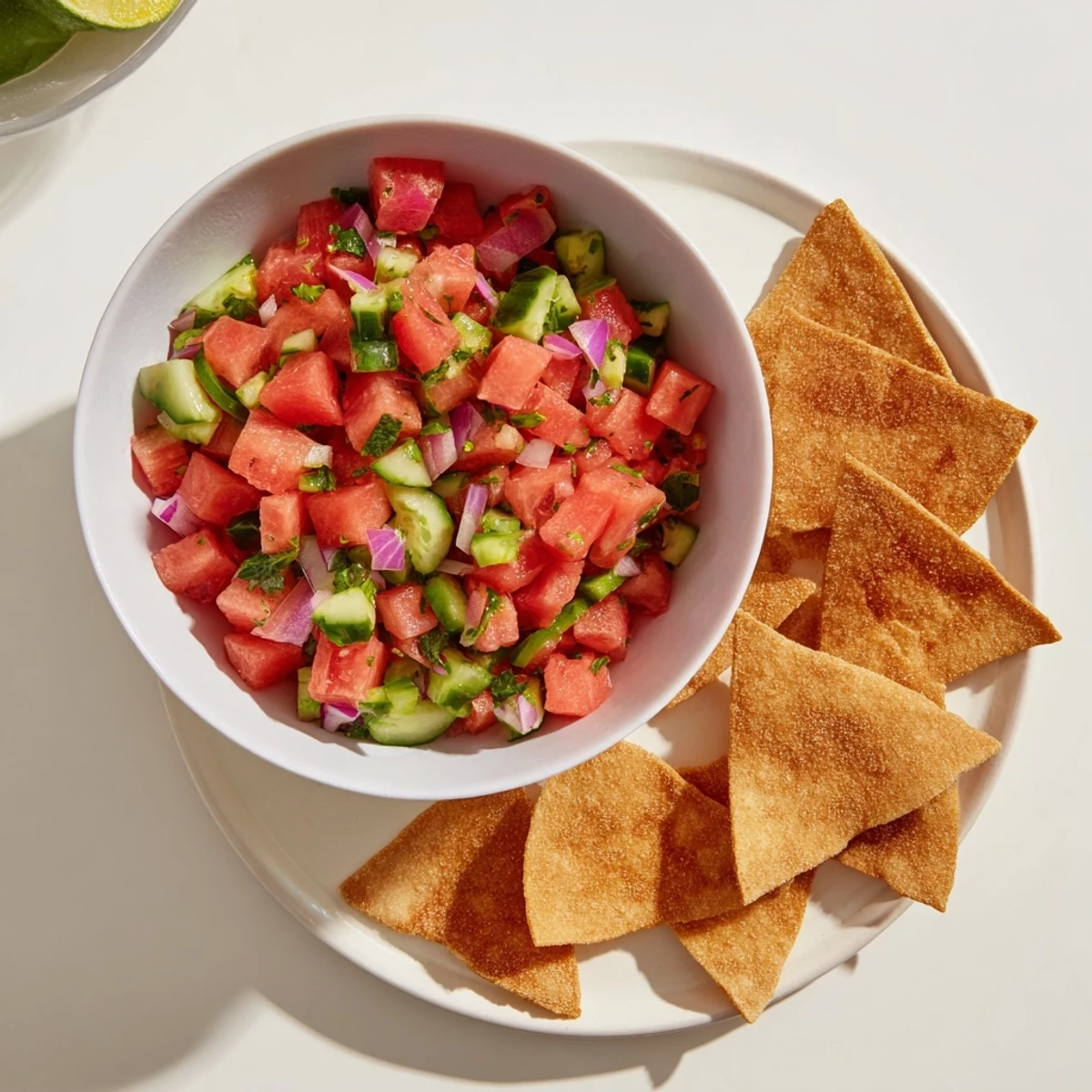 Fresh watermelon salsa with cucumber, peppers, and cilantro served alongside warm cinnamon-sugar tortilla chips