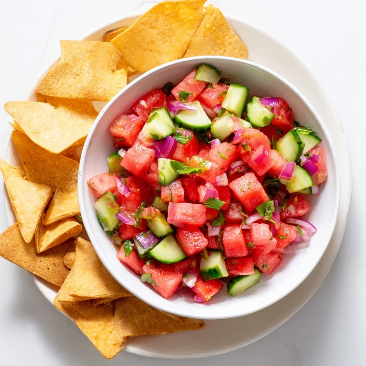 Juicy watermelon salsa with diced vegetables and jalapeño, served with buttery cinnamon-dusted tortilla chip wedges