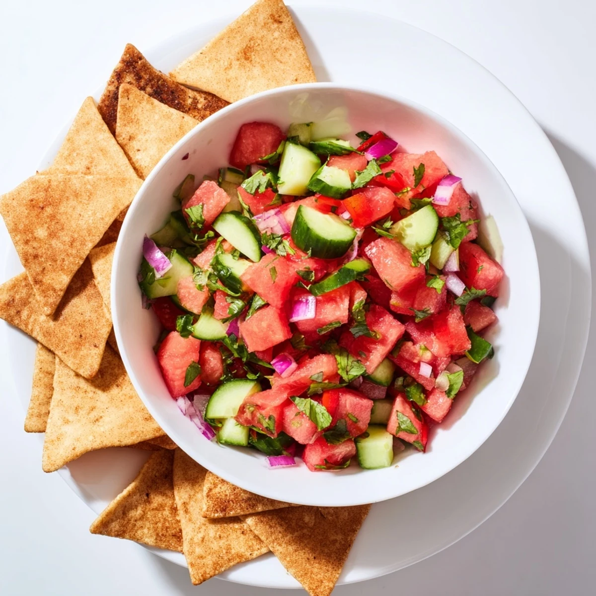 Colorful bowl of chunky watermelon salsa paired with crispy golden cinnamon tortilla chips for summer snacking