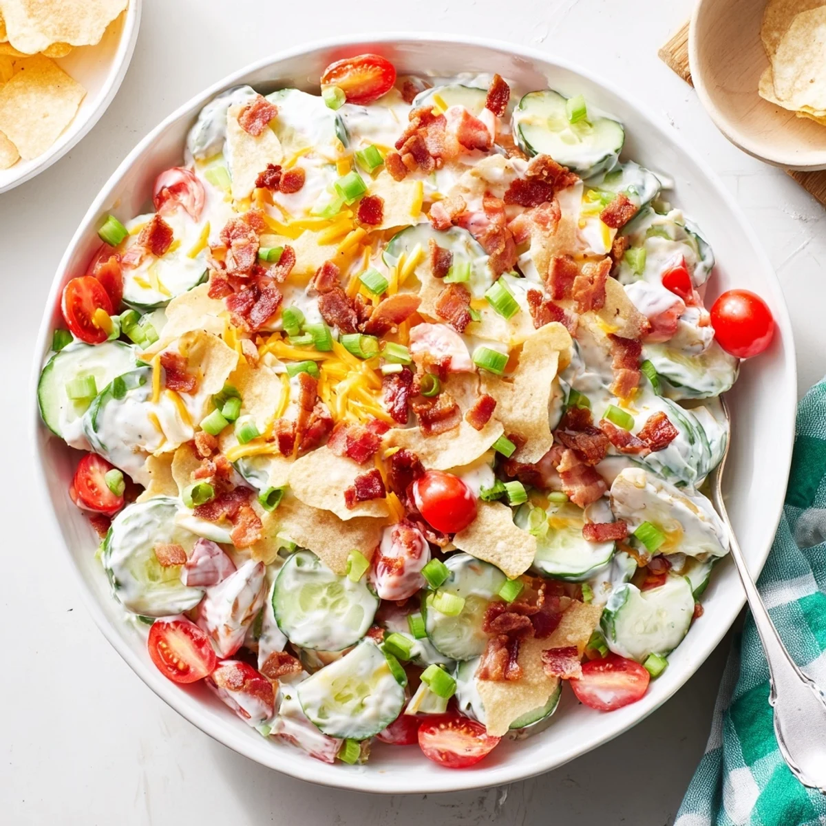 Golden cucumber ranch crack salad with crispy bacon bits and shredded cheddar cheese in a white bowl