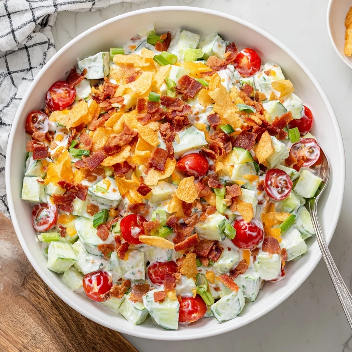 Close-up of cucumber ranch crack salad featuring crisp vegetables, smoky bacon crumbles, and tangy ranch dressing