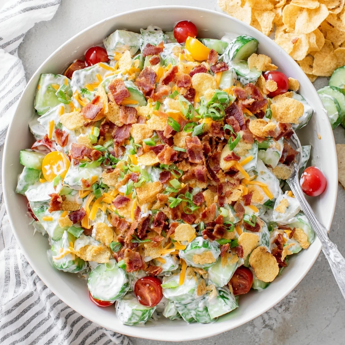Creamy cucumber ranch crack salad topped with crushed potato chips and fresh cherry tomato halves