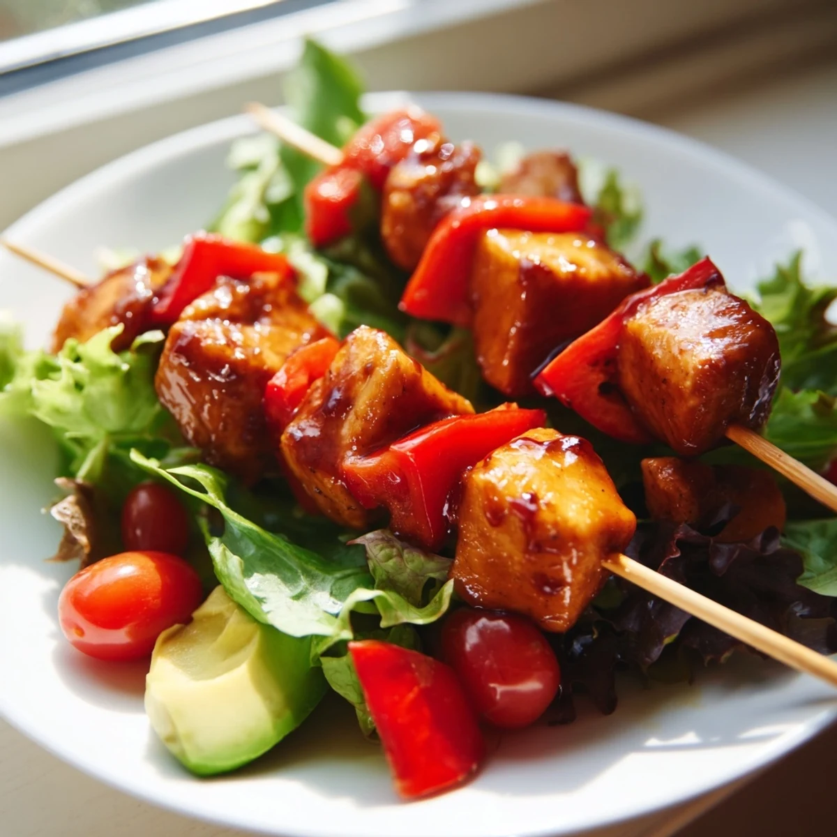 Colorful BBQ chicken skewer salad with grilled meat on crisp mixed greens and fresh vegetables