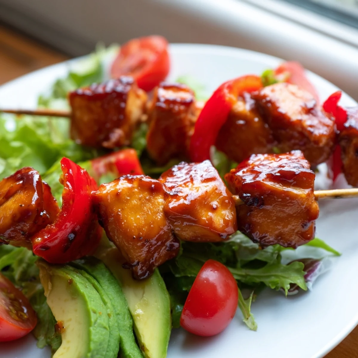 Summer BBQ chicken skewer salad featuring charred chicken atop vibrant vegetables and tangy lemon dressing