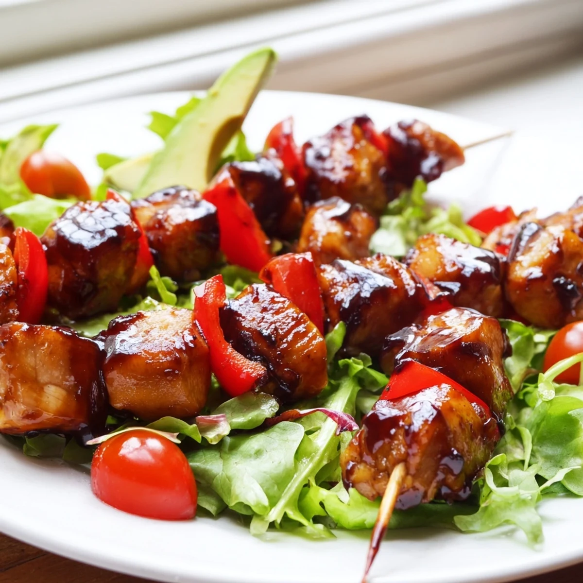 Gluten-free BBQ chicken skewer salad plated with juicy tomatoes, creamy avocado, and smoky grilled chicken