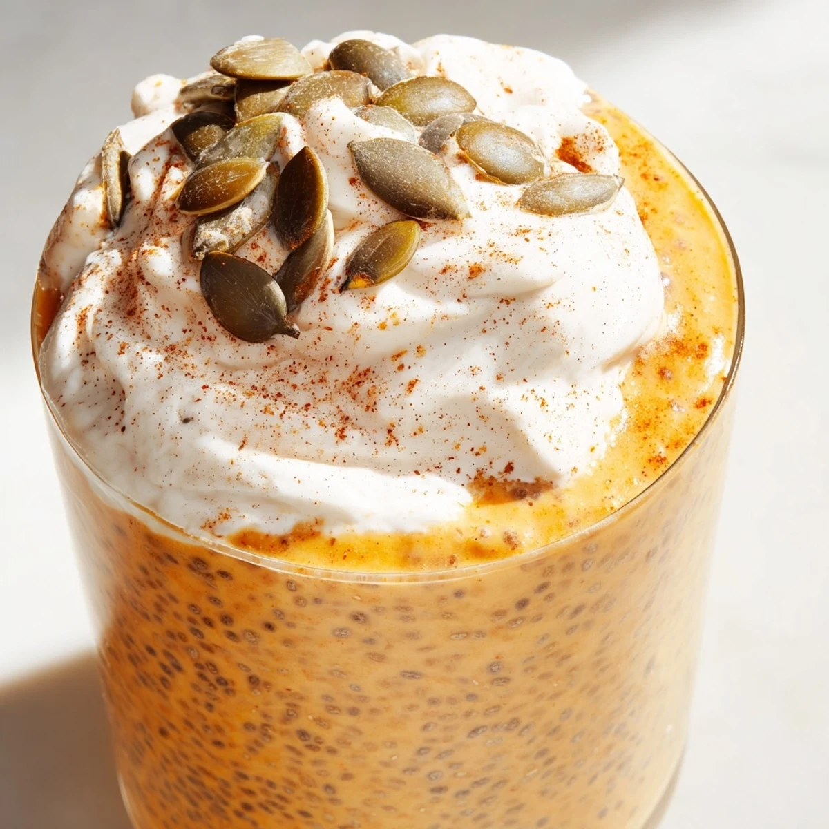 Golden pumpkin chia refreshment drink topped with fluffy whipped cream and toasted pumpkin seeds