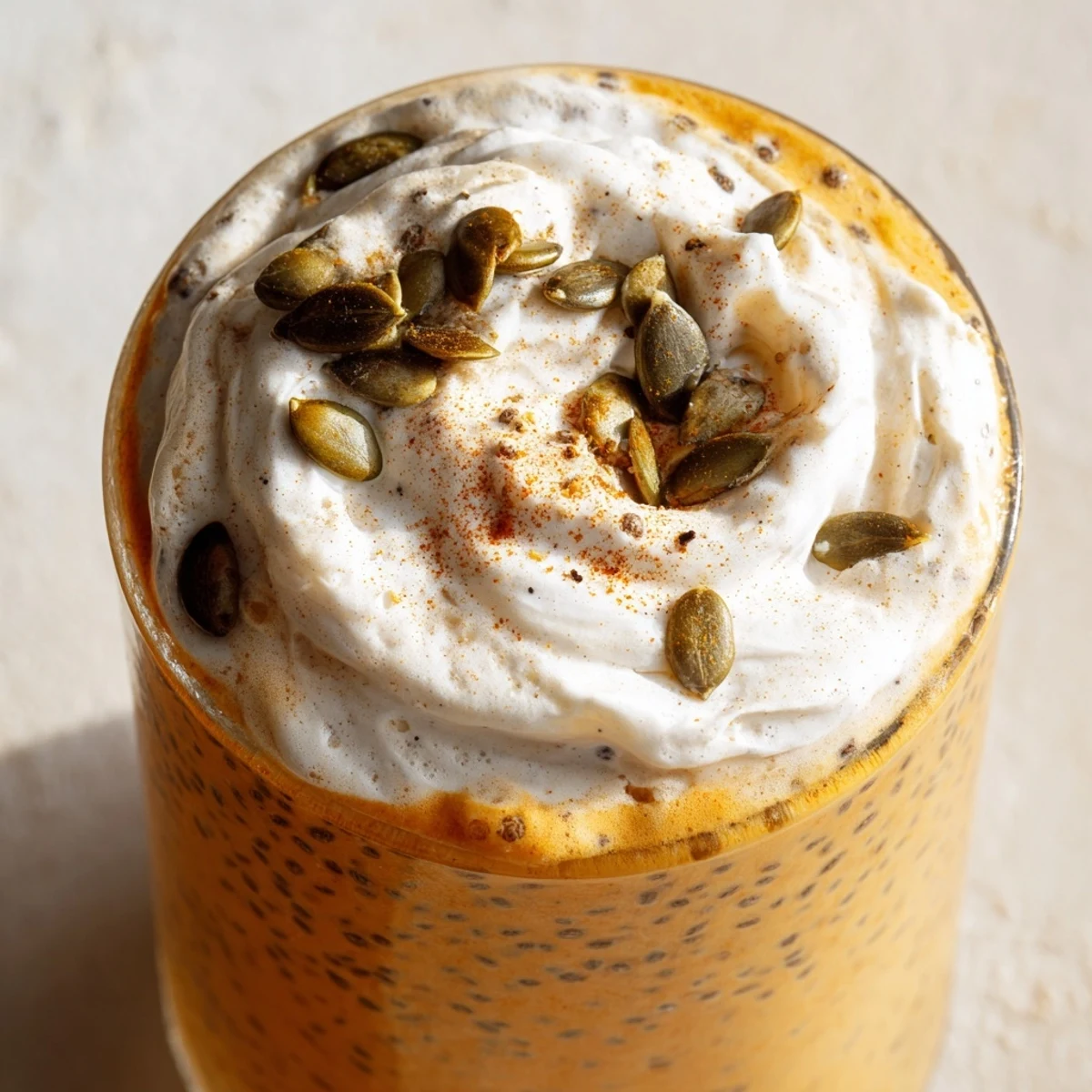 Silky cool creamy pumpkin chia refreshment with warm autumn spices and coconut whipped cream
