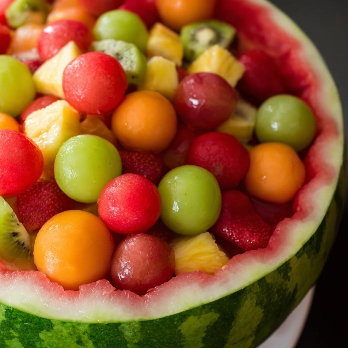 Fresh fruit salad served in hollowed watermelon basket with mint and honey dressing