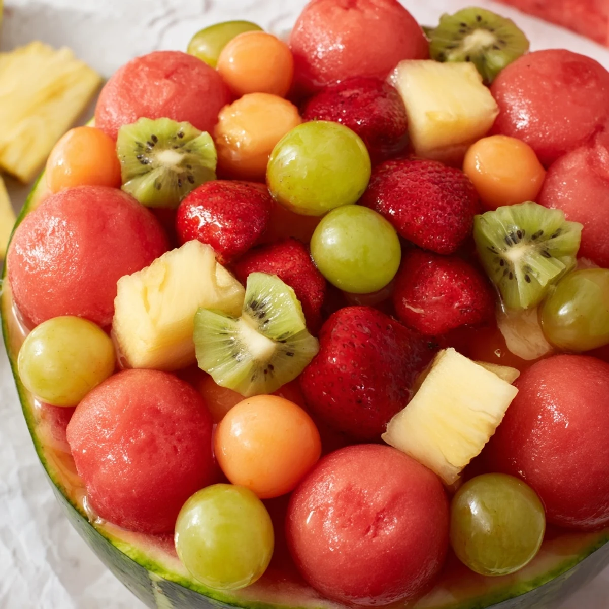 Vibrant watermelon basket filled with mixed melon balls, grapes, and chilled summer fruits