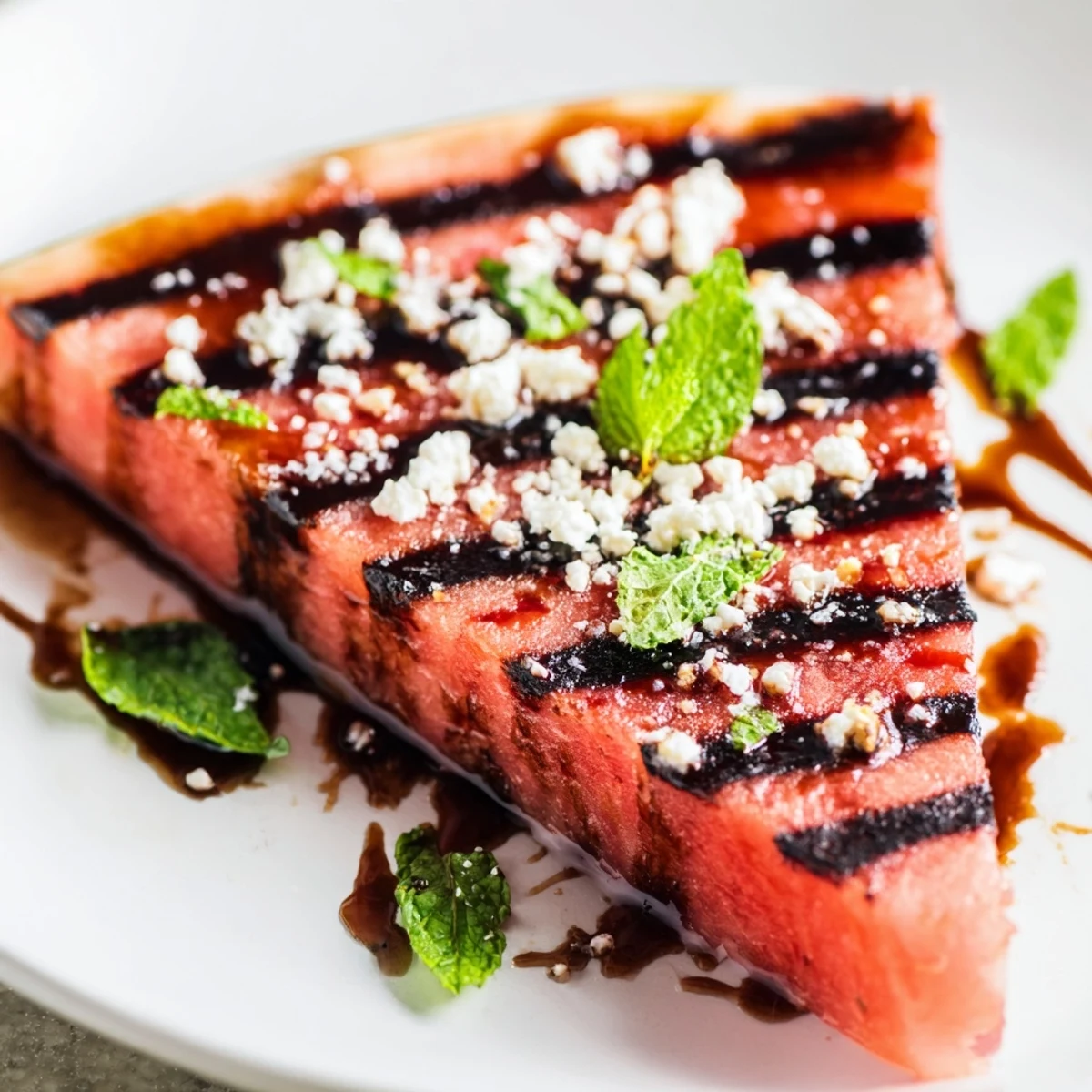 Grilled watermelon steak with smoky char marks topped with fresh mint and flaky sea salt