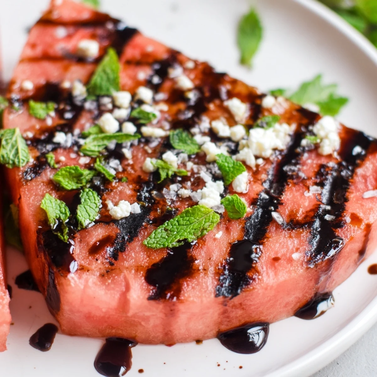 Thick watermelon slices grilled to perfection with balsamic glaze and vegan feta crumbles