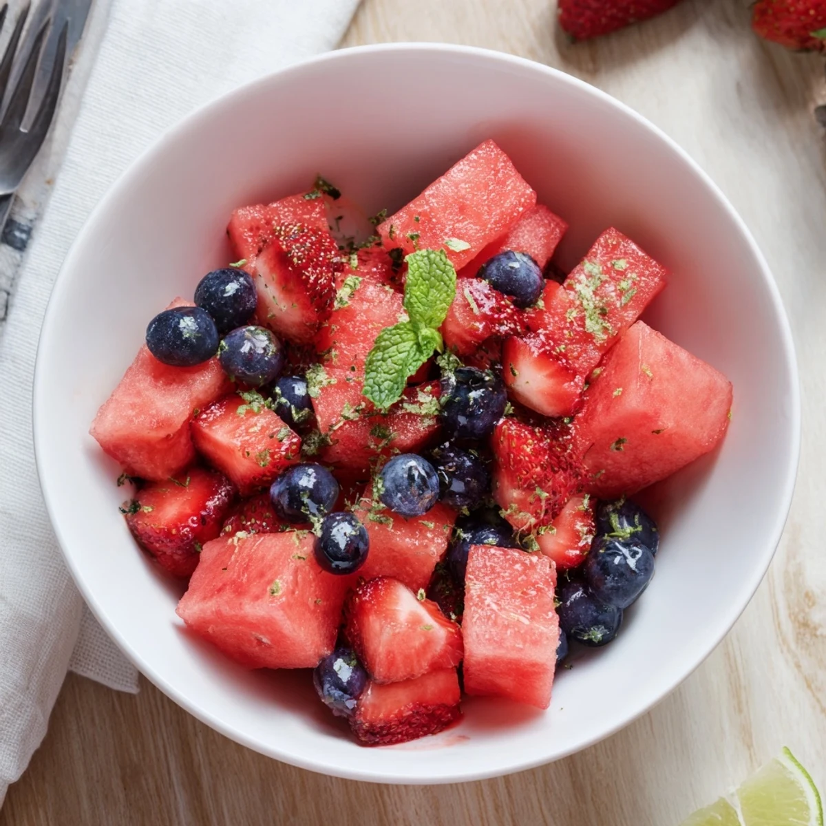 Fresh watermelon fruit salad bowl with strawberries, blueberries, and mint garnish on white table