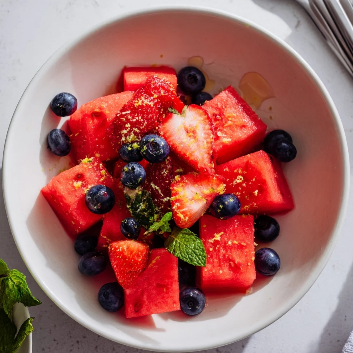 Refreshing watermelon summer dessert featuring colorful mixed berries and zesty lime mint drizzle