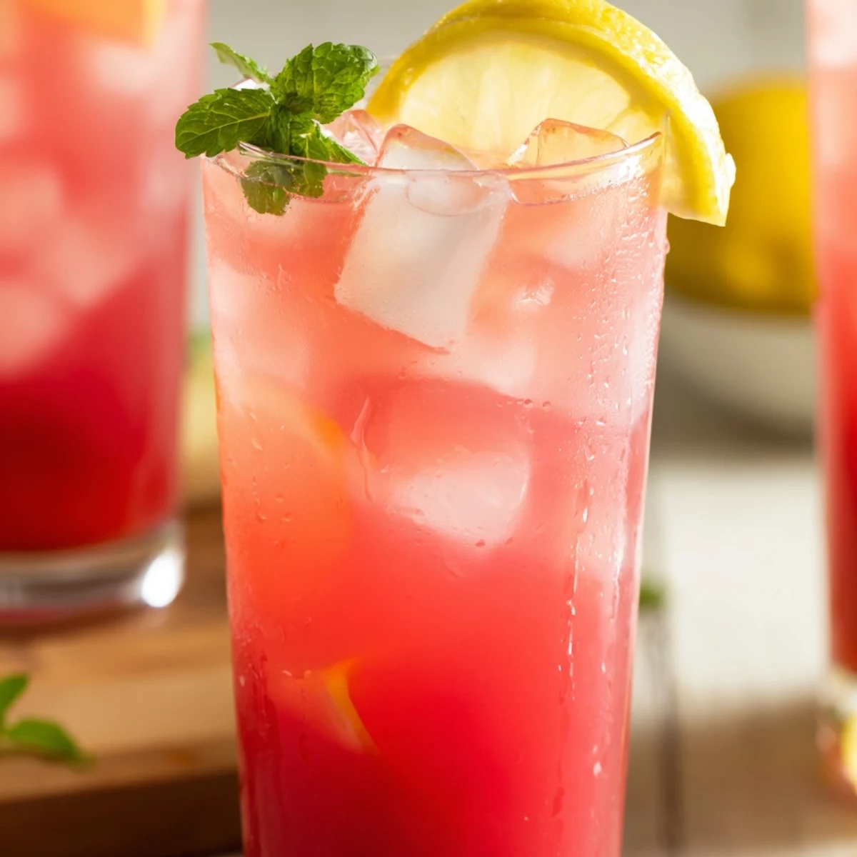 Pink pitcher of refreshing watermelon lemonade poured over ice cubes on a sunny wooden table