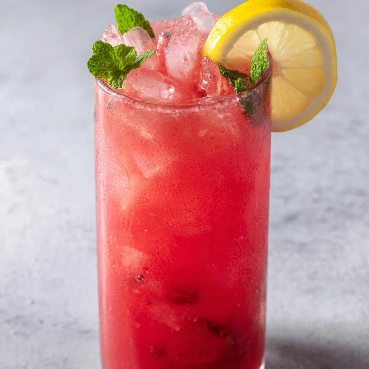 Garnished glass of watermelon lemonade with fresh mint sprig and lemon slice on ice