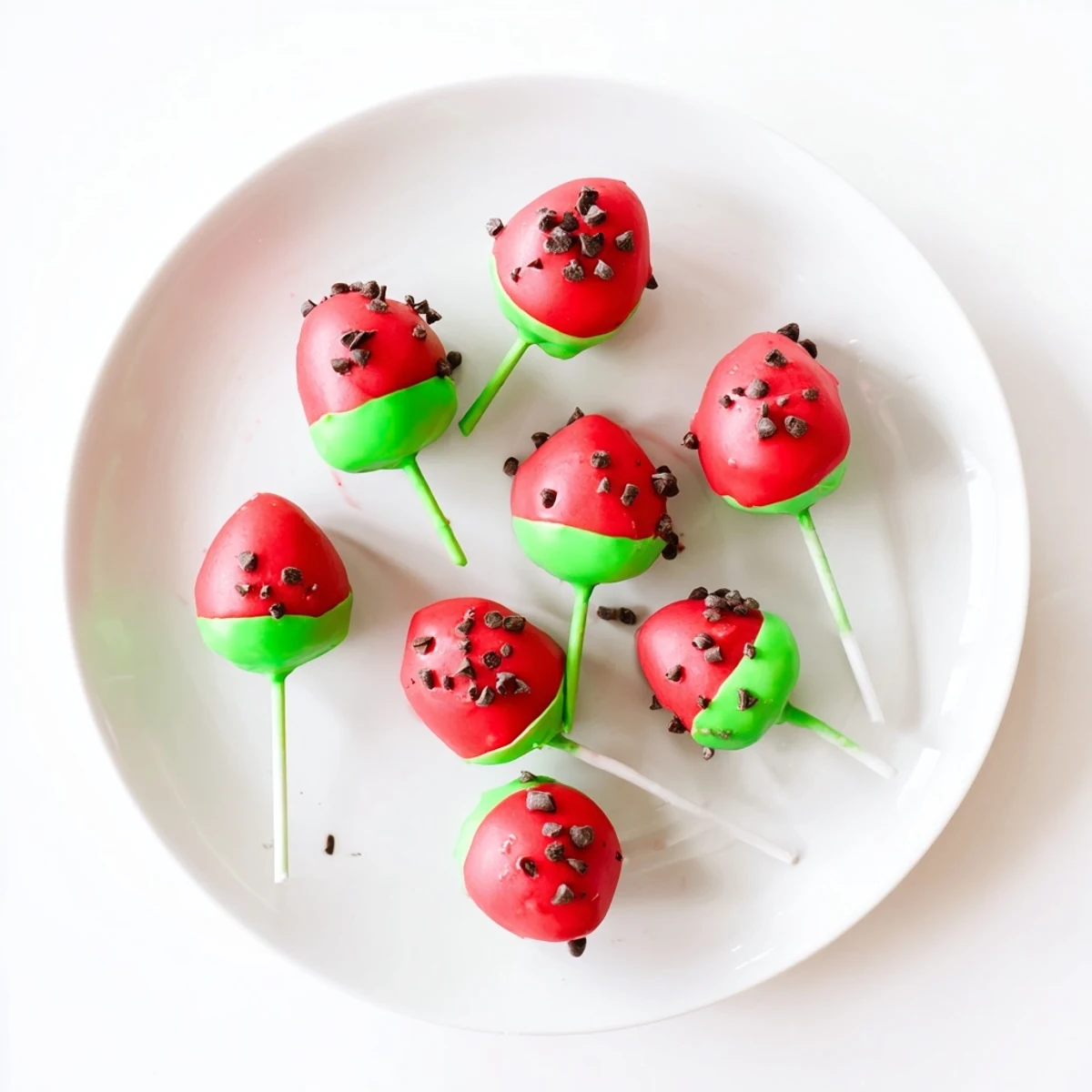 Pink watermelon cake pops decorated with chocolate seeds on green candy rind displayed on white plate