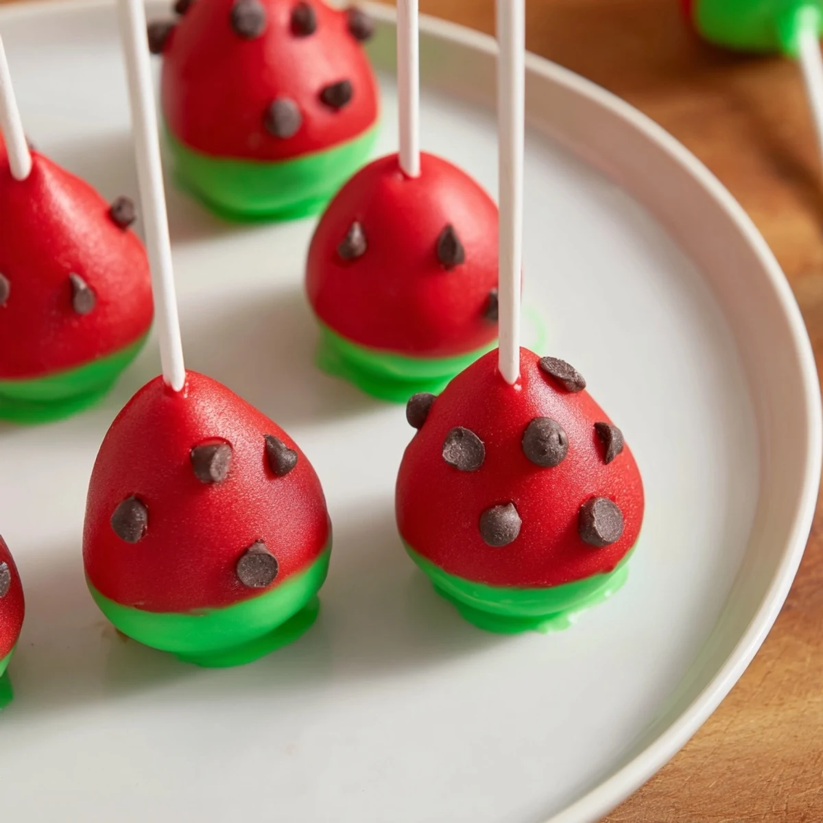 Summer watermelon cake pops with creamy red centers and green rind ready for party serving