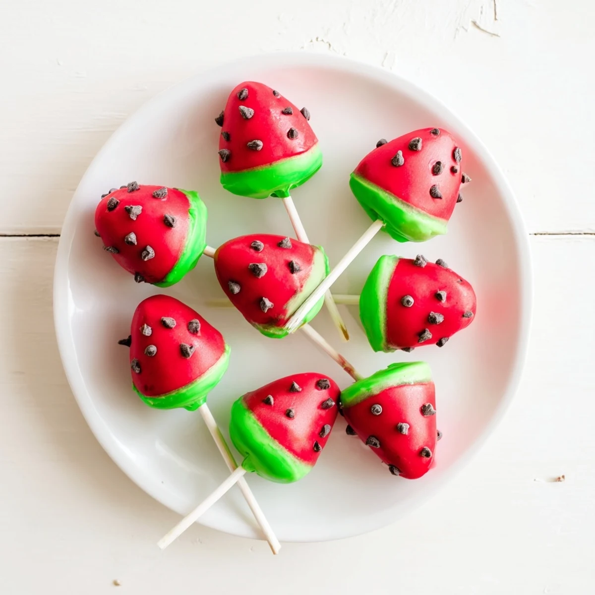 Watermelon cake pops on lollipop sticks featuring pink fruity coating and mini chocolate chip seeds