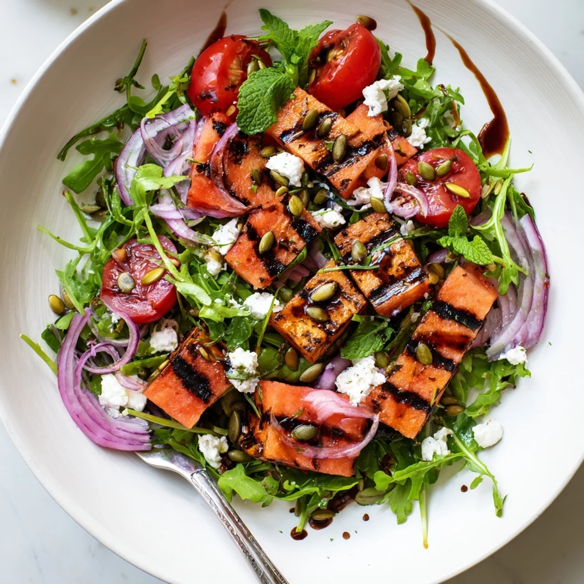 Colorful grilled watermelon salad bowl with charred fruit cubes, crumbled feta, and fresh mint leaves drizzled with tangy balsamic dressing
