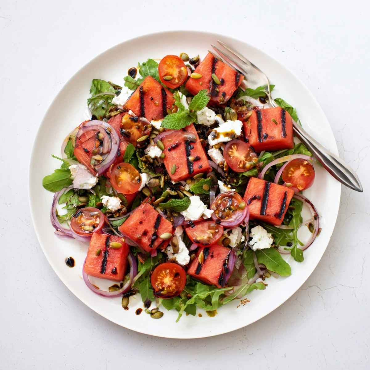 Summer salad plate featuring smoky grilled watermelon wedges, arugula greens, cherry tomatoes, and creamy feta cheese topped with balsamic glaze