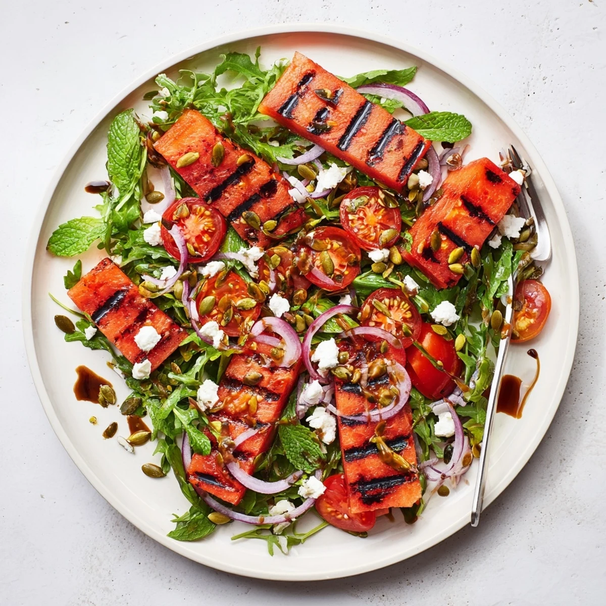 Close-up of vibrant grilled watermelon salad displaying grill marks, red onion slices, mint sprigs, and feta crumbles coated in sweet balsamic dressing