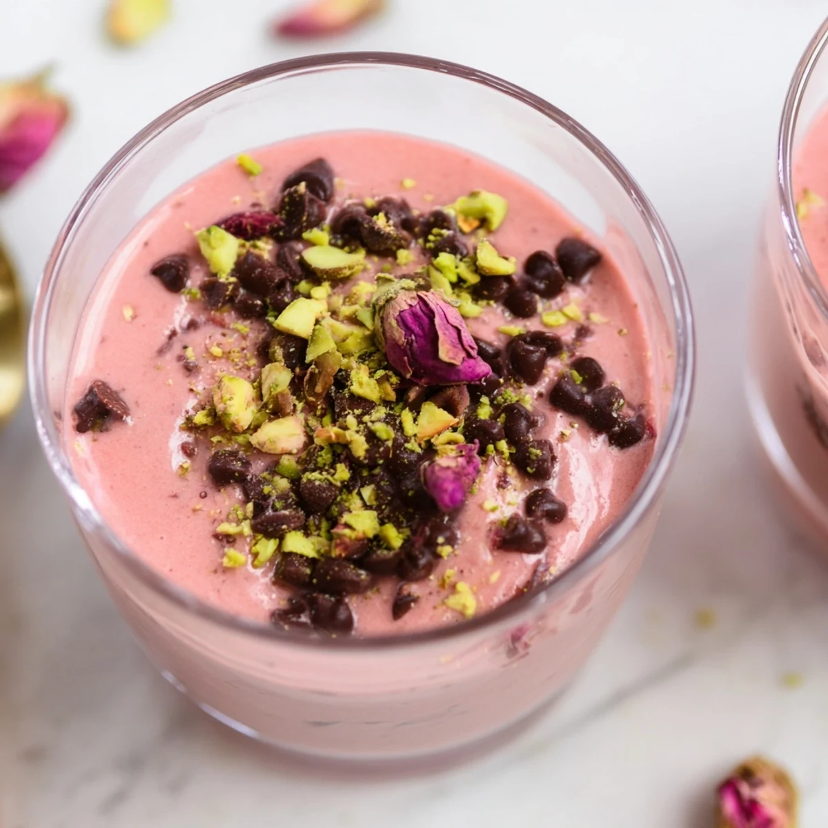 Chilled Sicilian watermelon pudding garnished with crushed pistachios and dark chocolate chips