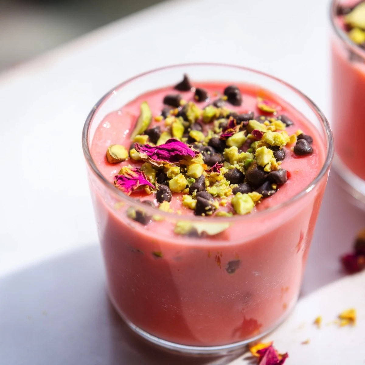 Pink watermelon pudding set in clear serving dishes with nutty pistachio sprinkle