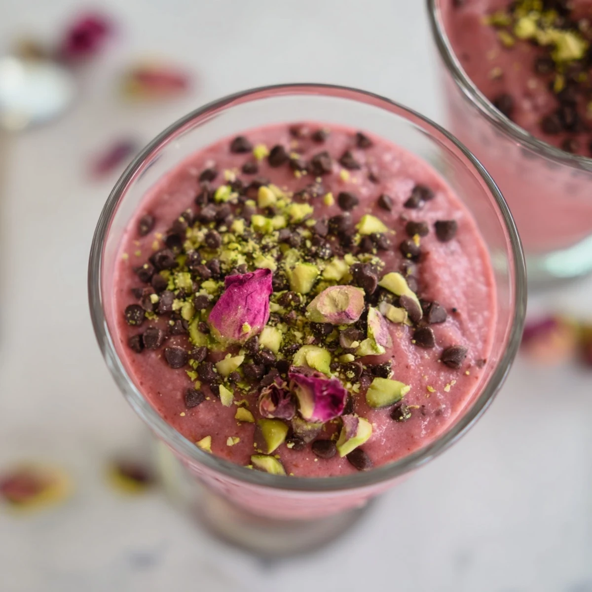 Creamy Gelo di Melone dessert in glass cups topped with rose petals